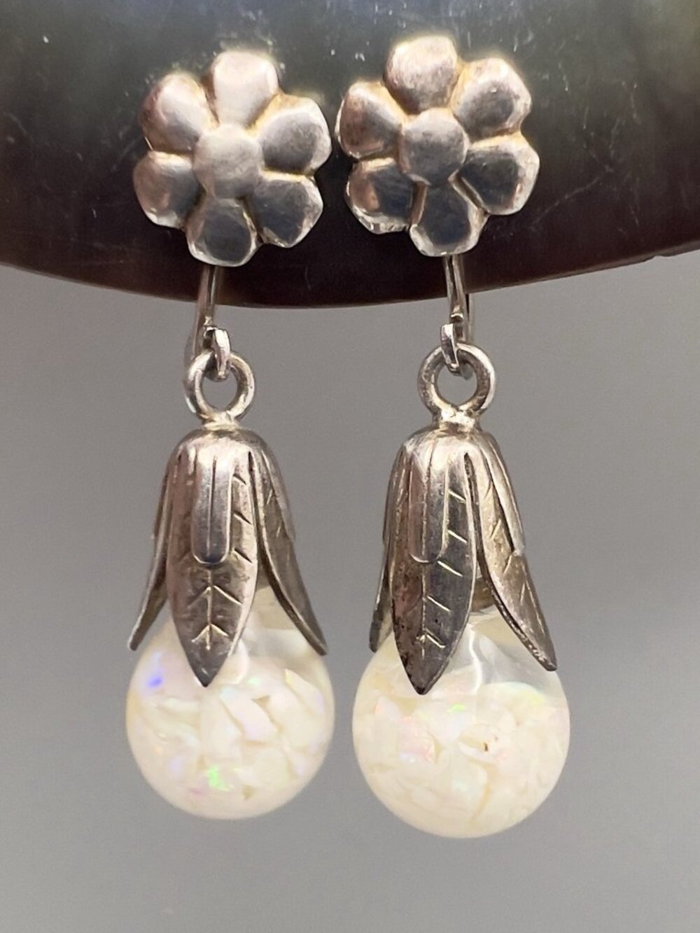 Vintage Opalite Sterling Silver Floating Opal Dangle Screw Back Earrings NOS